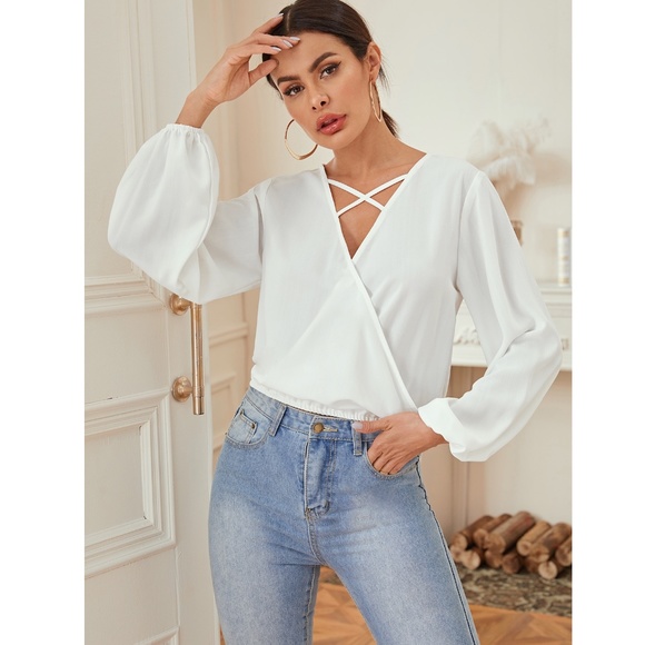 Rouge! Tops - White Surplice Bishop Sleeve V-Neck Blouse